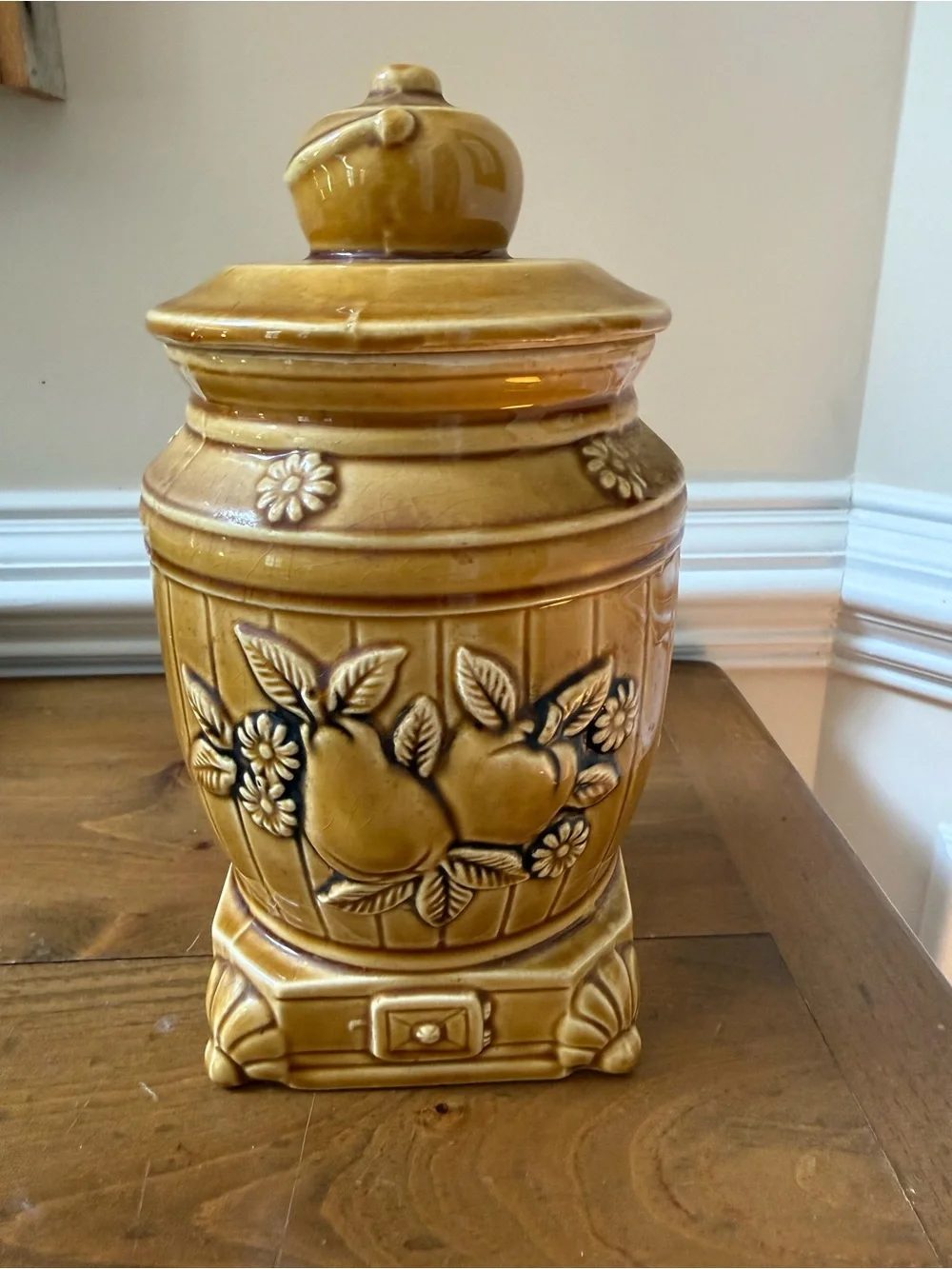 Vintage 1970s Marigold Ceramic pot-belly stove Canister with Fruit and Tea Motif